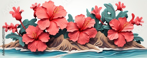 Hibiscus flat design side view tropical paradise theme 3D render Analogous Color Scheme