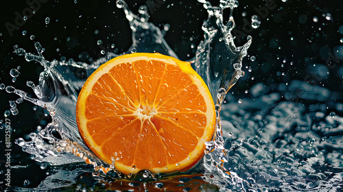 Dynamic photo of a fresh orange slice with water splashing around it, highlighting freshness and vitality.