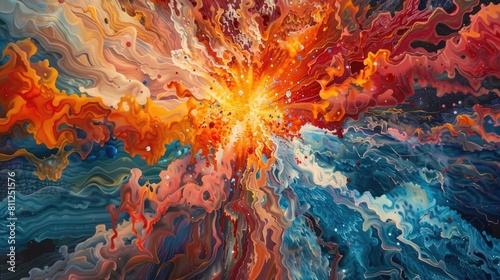 A visual symphony of a supernova explosion, colliding waves of red, orange, and yellow, pointillism technique, smudges of contrasting blues realistic photo