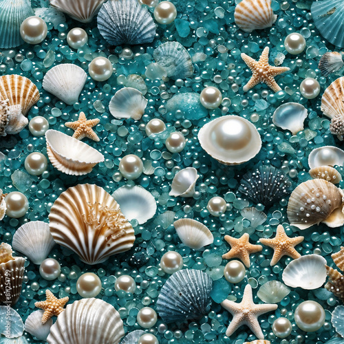Seamless pattern of ocean nature elements, seashell, starfish, pearl, mollusk, glass, stone, wave, sand, beach, underwater on blue background, wallpaper, flier, banner, card, wrapping paper, backdrop. © alma