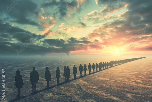A crowd of people standing together on the edge of a vast body of water, A line of job seekers extending endlessly into the horizon