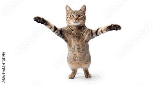 a tabby cat standing up with his arms outstretched isolated on white background realistic