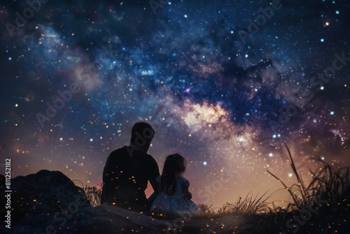 A man and a little girl looking up at the starry sky together, A little girl and her dad sharing a sweet moment under a starry sky