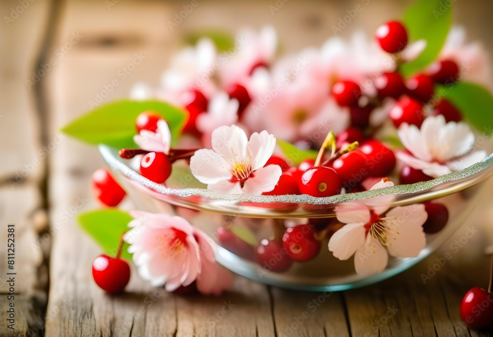 A close-up of a cherry blossom branch in a glass bowl on a rustic background