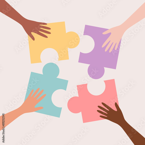 Hands of people of different nationalities putting together colorful puzzle pieces. Vector flat illustration