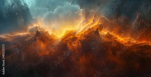 Space  abstract and clouds with fire in sky for cosmic inferno  atmosphere and background. Wallpaper  design and graphic of colorful galaxy with for interstellar  explosion and astronomy in universe