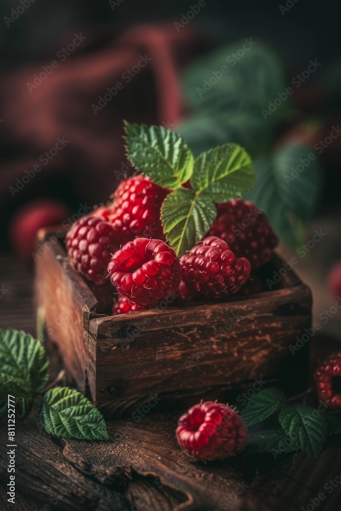 Fresh red raspberries in wooden crates in rustic warehouse setting, perfect for food advertisement Fresh red raspberries in wooden crates in rustic warehouse setting, perfect for food advertisement