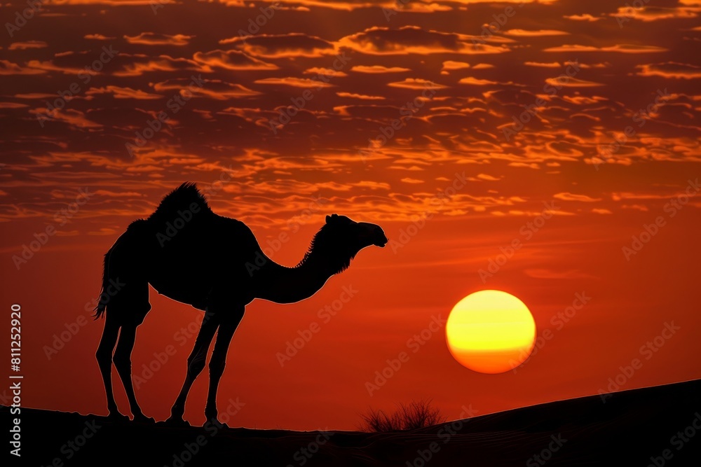 Silhouetted camel stands in desert as sun sets, A lone camel silhouetted against the setting sun in the desert Silhouetted camel stands in desert as sun sets, A lone camel silhouetted against the setting sun in the desert