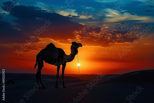 A camel stands in the desert  illuminated by the setting sun  A lone camel silhouetted against the setting sun in the desert