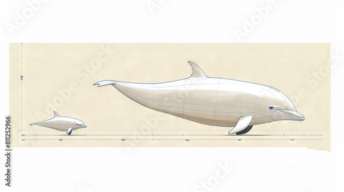   A whale and dolphin swim together on a beige background  with line drawings of their bottom halves