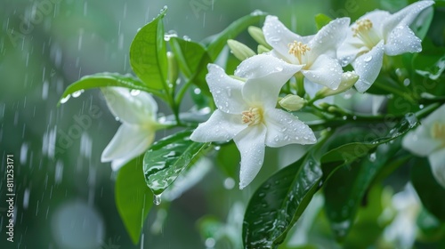 Jasminum sambac blossoms open in the morning following a rain shower