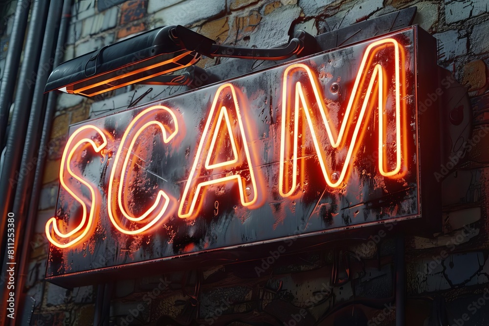 A glossy, 3D embossed sign saying SCAM with a reflective surface and dramatic lighting, designed to stand out as a clear warning or alert A glossy, 3D embossed sign saying SCAM with a reflective surface and dramatic lighting, designed to stand out as a clear warning or alert