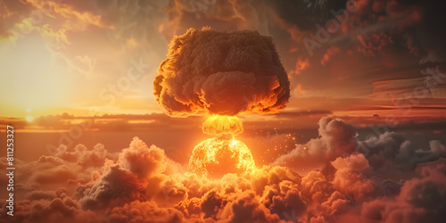 A nuclear bomb detonating in the sky among fluffy clouds photo