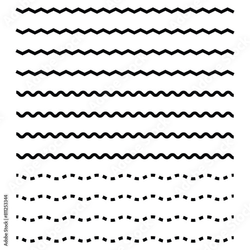 Wave line and wavy zigzag pattern lines. Vector black underlines, smooth end squiggly horizontal curvy squiggles on white background.