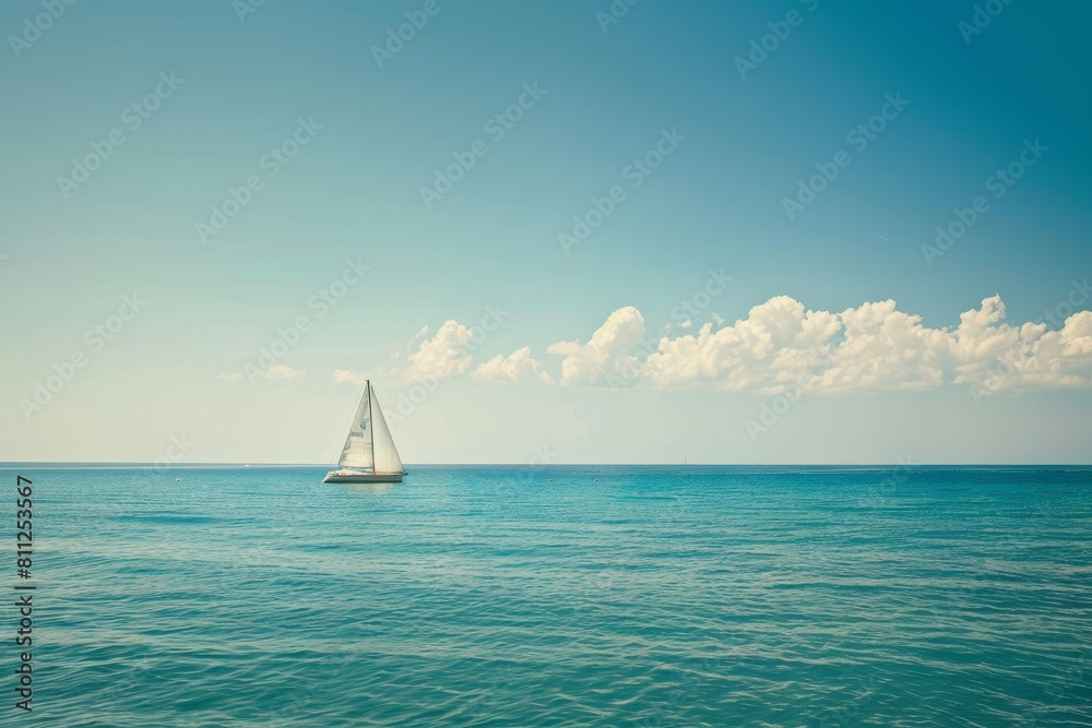 Obraz premium A single sailboat navigates the vast ocean, surrounded by water and blue skies, A lone sailboat bobbing in the distance