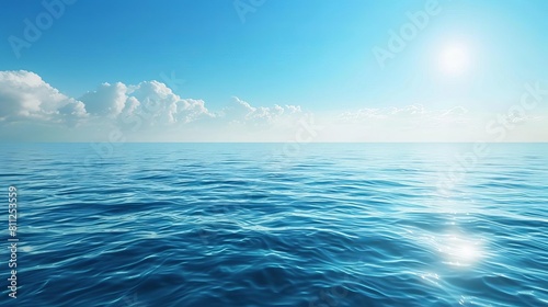 A serene ocean scene with a clear blue sky and calm sea, perfect for a background with ample copy space for text or other elements © reels