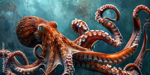 A red octopus sits on a rock in the deep blue sea