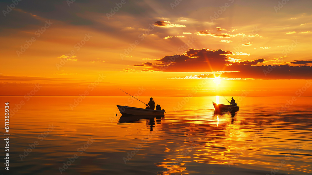 Two fishermen peacefully navigating their small boats across the serene expanse of the ocean during golden hour