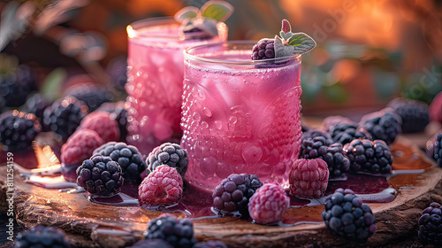 Two glasses of berry cocktail beautifully presented with fresh berries on a wooden surface, perfect for summer evenings. photo