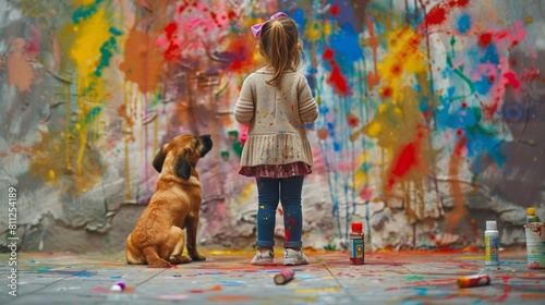A little kid and a dog paint with colors on wall