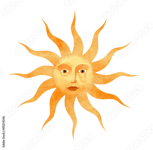 Watercolor illustration of The Sun with human face. Spiritual symbol isolated on a transparent background