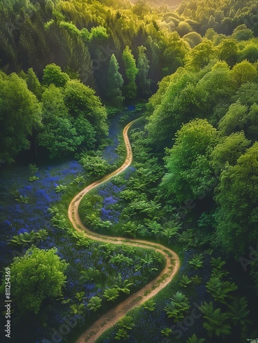 Path winding through enchanted forest  bluebells and ferns  drone view  spring morning  vivid greens