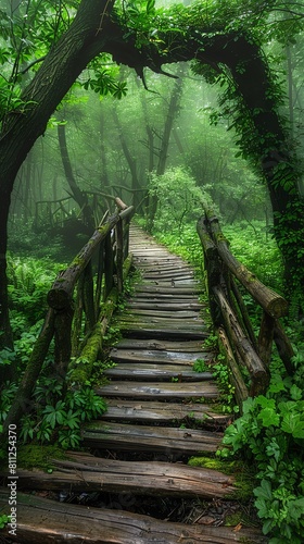 Old wooden bridge in enchanted forest  creeper vines  eyelevel  early morning  soft focus  lush greens