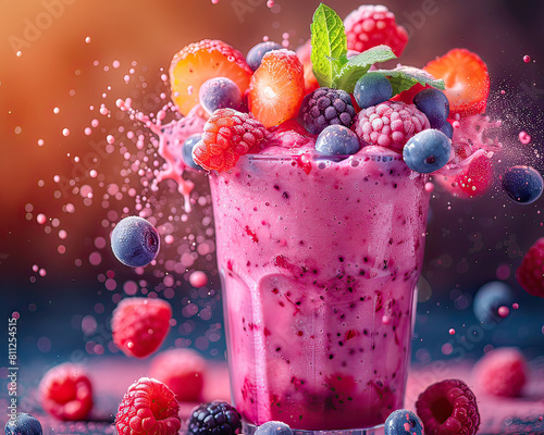 Dynamic shot of a berry smoothie exploding with fresh berries and a splash, capturing movement and freshness.