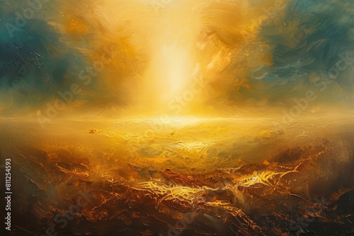 Painting depicting a bright yellow light radiating from the sky, A luminous expanse of golden hues spreading across the canvas