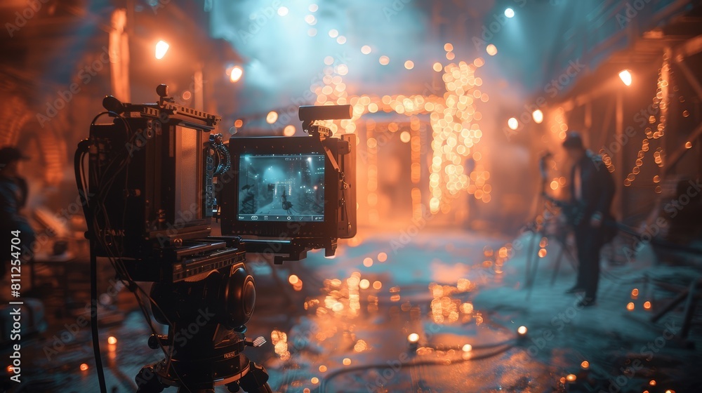 Cinematic Film Production Scene with Camera and Crew in Atmospheric Setting