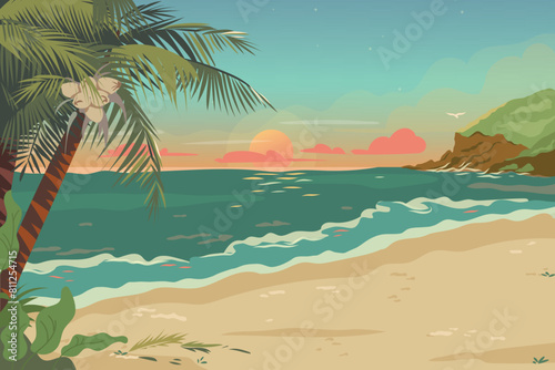 Beach seashore with palms and calm water. Sunrise in ocean  nature sea scenery background. Seascape morning view cartoon flat vector illustration. Romantic landscapes of tropical nature