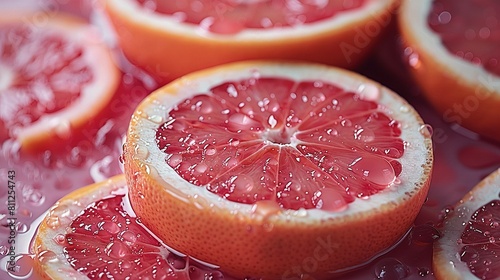   A close-up of a halved grapefruit on a pink surface with droplets of water