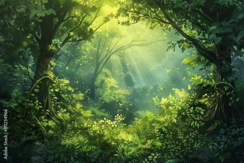 Sunlight filters through dense forest canopy, casting shadows and creating a dramatic natural scene, A serene forest scene with sunlight filtering through lush green leaves