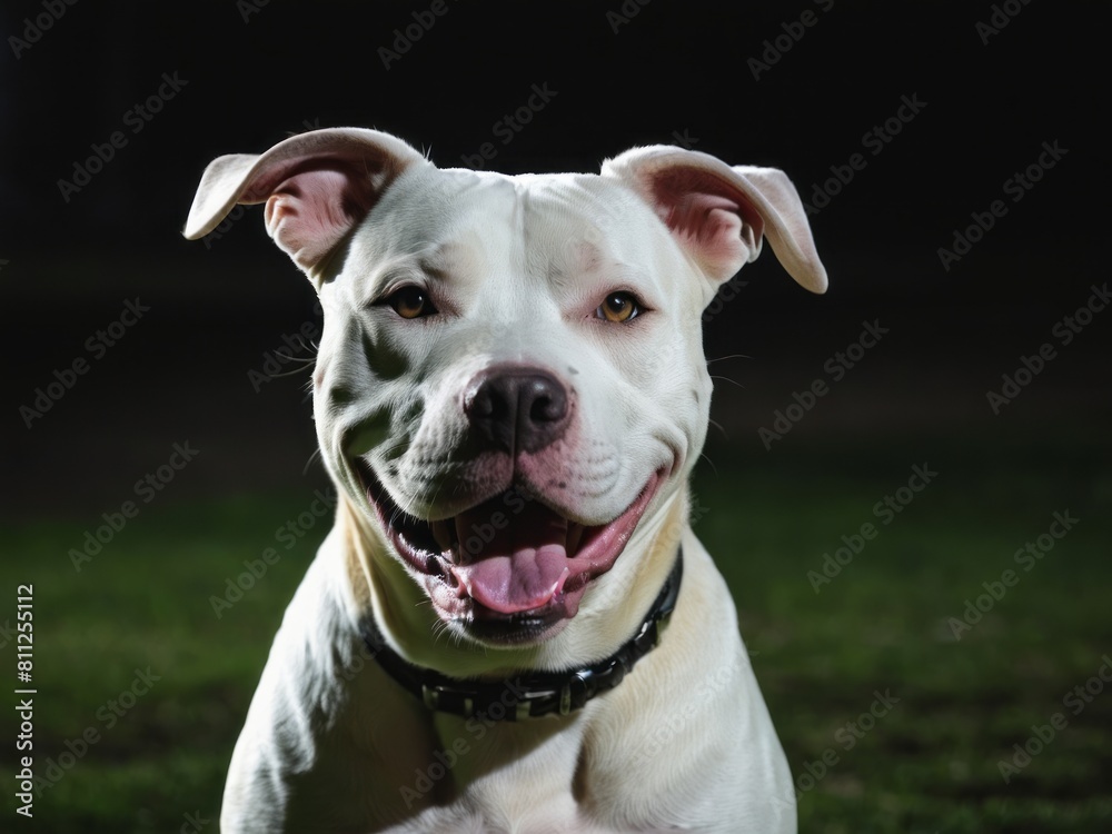 portrait of happy dog Pitbull In the dark park background portrait of happy dog Pitbull In the dark park background