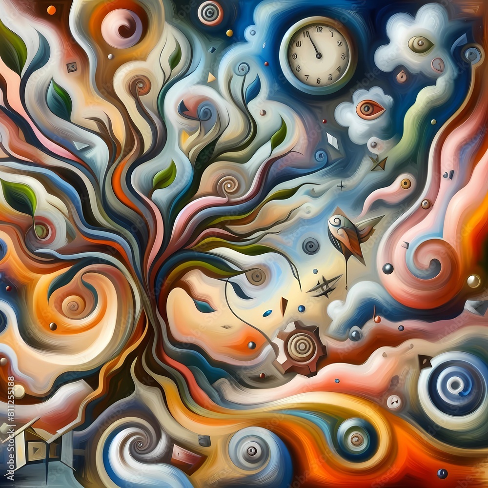 surrealism artwork with abstract concepts, hallucinations, thinking, creativity, shaped objects, moon clouds, eyes, imaginary animals and dreams, Generaive AI surrealism artwork with abstract concepts, hallucinations, thinking, creativity, shaped objects, moon clouds, eyes, imaginary animals and dreams, Generaive AI