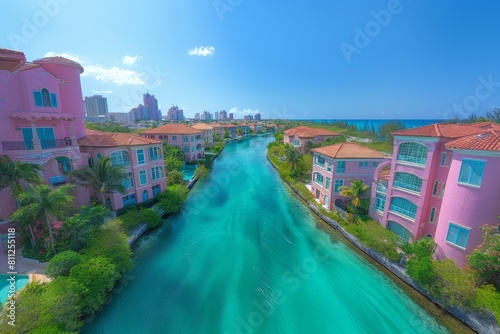 Aerial View of Vibrant Harborside Villas at Nassau Harbour, Bright Pink Architecture Against Blue Waters