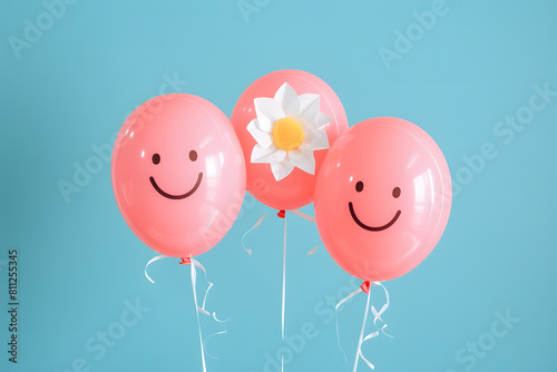 Pink balloons with smiling face and flower balloon.