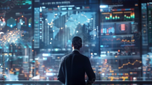 Businessman looking at the big financial data screen in the futuristic trading room.