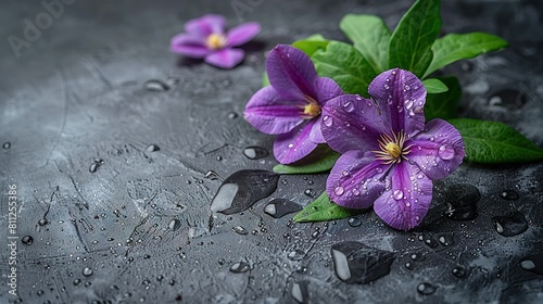   A group of purple flowers resting on a metal table  drenched in raindrops on a rainy day