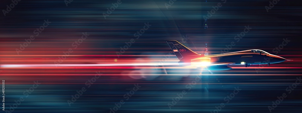 modern airplane with speed light effect, space for text. high tech transportation. Fast trip. Travel banner