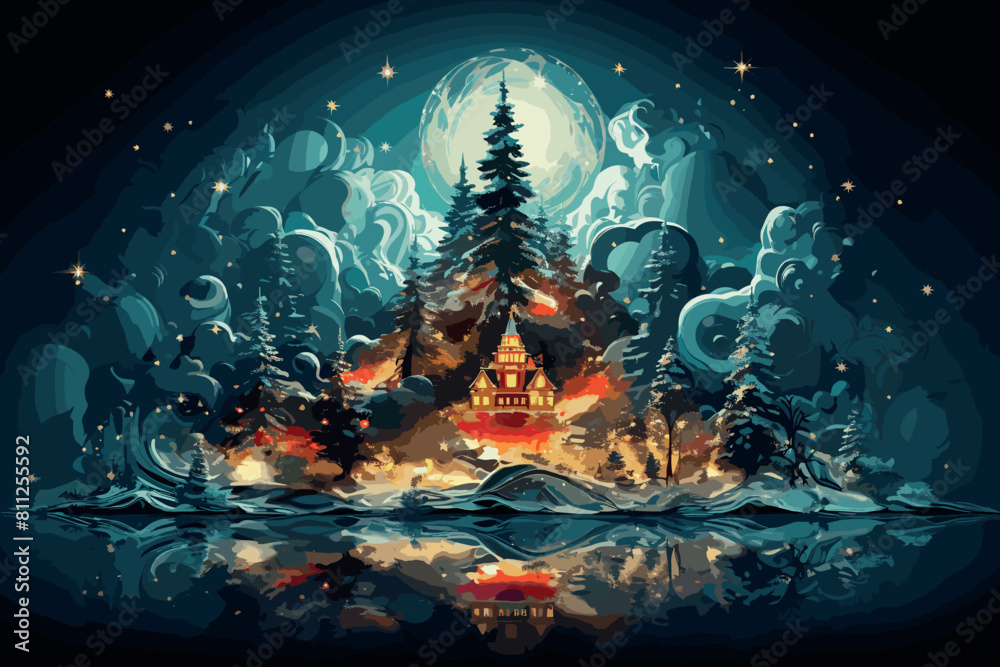 Magical forest with fantasy Christmas tree, magical Christmas time, snow and snowflakes, winter decoration, Fairy tale beautiful image for use in books Magical forest with fantasy Christmas tree, magical Christmas time, snow and snowflakes, winter decoration, Fairy tale beautiful image for use in books