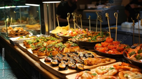 Pinchos and tapas typical of the Basque Country, Spain. Selection of different types of foods to choose from. San Sebastian hyper realistic 
