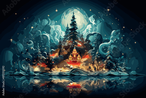 Magical forest with fantasy Christmas tree, magical Christmas time, snow and snowflakes, winter decoration, Fairy tale beautiful image for use in books © Abul