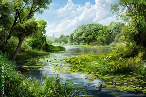 A painting featuring a river winding through a forest of thick trees, A lush, green riverbank teeming with wildlife and vegetation