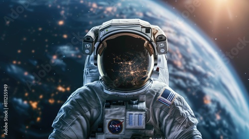 The picture of the astronaut flying in the space with the earth background  the spaceman must wear the space suit to protect the human body from the radiation  extreme temperature and pressure. AIG43.