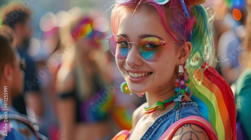 portrait of queer young woman with lgbtqia rainbow pride flag themed clothing and pink green hairstyle and tattos in pride parade hyper realistic 