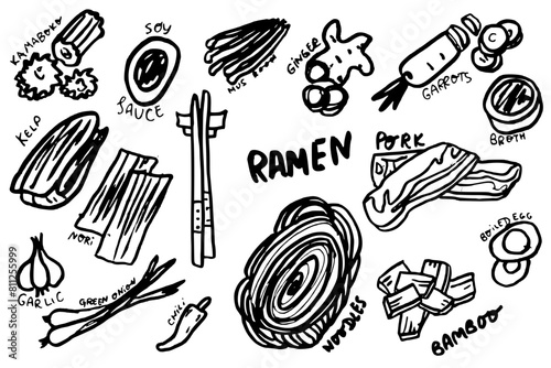 Doodle Ramen set.  Noodles, pork, carrots, nori, soy sauce, broth, boiled egg, kelp. Hand drawn. Vector graphics elements 