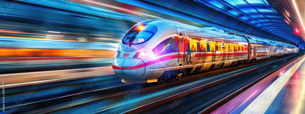modern train with speed light effect, space for text. high tech transportation. Fast trip. Travel banner modern train with speed light effect, space for text. high tech transportation. Fast trip. Travel banner