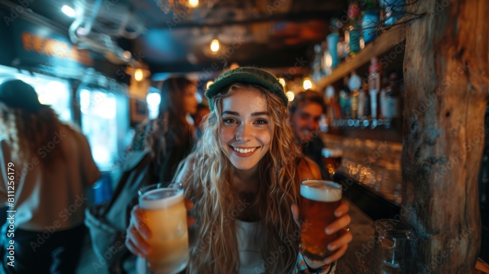 Fototapeta premium Young Woman Smiling with Friends Holding Beers in a Cozy Pub
