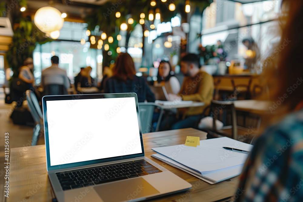 A blurred background of an open-air cafe with people working on laptops, focusing on the laptop screen in sharp focus and with a blank white screen. The foreground shows some papers scattered around. A blurred background of an open-air cafe with people working on laptops, focusing on the laptop screen in sharp focus and with a blank white screen. The foreground shows some papers scattered around.